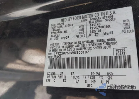 1998 Ford F-150 Lariat/Xl/Xlt из США, поврежденный, VIN 1FTZX0760WKB00187